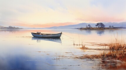 Obraz premium A stunning watercolor landscape with a serene boat floating on the calm waters, capturing the essence of tranquility and nature's beauty - AI Generative