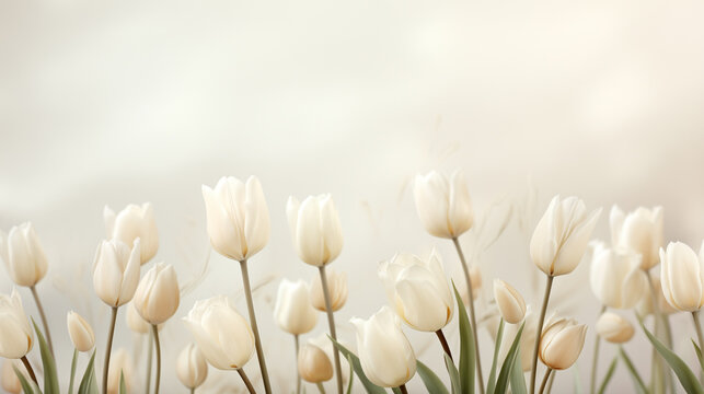 bouquet of white tulips on a pale pink background with space for text. International Women's Day, Mother's Day