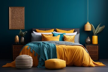 A chic bedroom with dark teal walls and a 3D intricate pattern in yellow on the bed linens, creating a stylish contrast