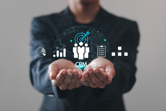 CRM Customer Relationship Management concept. businessman show virtual customer network management and development of customer information exchange, social media, digital online.