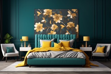 A chic bedroom with dark teal walls and a 3D intricate pattern in yellow on the bed linens, creating a stylish contrast