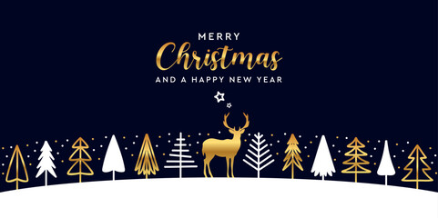 christmas greeting card with golden deer in forest vector illustration