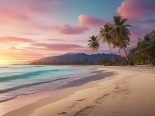 tropical twilight paradise 8k resolution beach scene featuring softly lit palm trees, a vibrant sky, and reflective sands, creating a captivating and realistic stock image with a 16:9 aspect ratio