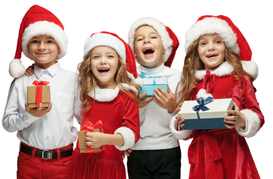 Happy little children, boys and girls celebrating holiday, receiving presents isolated on transparent background. Concept of winter holidays, Christmas and New Year, celebration, merry time