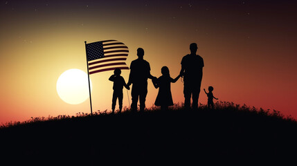 Silhouette of a family on a field on American Independence Day - obrazy, fototapety, plakaty