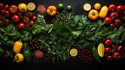 Frame of organic food. Fresh raw vegetables . On a black chalkboard. - obrazy, fototapety, plakaty