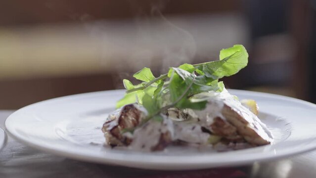 Grilled beef steak with cream sauce and vegetables served on plate with hot steam, cinematic isolated slow motion shot
