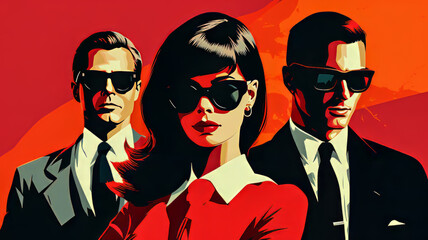 Retro Secret Agents.  Generated Image. A digital illustration of espionage and undercover agents in a retro, 1960s pop art style.