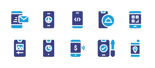 Smartphone icon set. Duotone color. Vector illustration. Containing code, food delivery, mobile payment, repair, smartphone, mail, photo editing, qr code, gps.