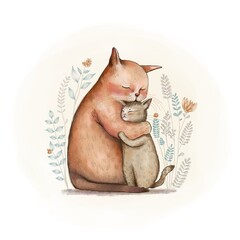Mother cat hugs a little kitty. Mothers day greeting postcard. 2D Illustration for kids.