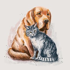 Labrador retriever puppy and a Cat. 2D watercolor Illustration for kids	
