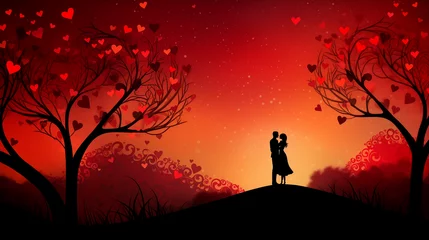 Foto op Plexiglas San Valentine Card Background Couple in love under the tree of hearts © Laura
