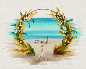 Watercolor invitation card. Caribbean wedding decorations. 2D illustration 