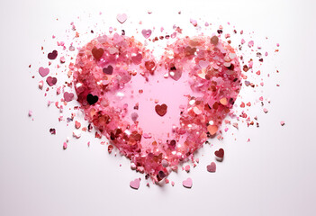 Glitter heart dissolving into pieces on bright background. Valentines day, broken heart and love emergence concept