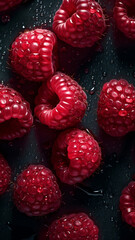 Fresh ripe raspberries with water drops over a black background. Fresh fruit.
