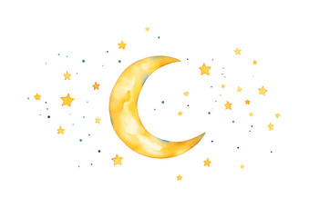 Cute Night Moon Stars Watercolor. Night Sky with Lot of Shiny Stars. Vector illustration. Hand Drawn illustration. baby shower invitation card.