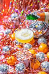Festive Sparkling Wine styled for a vibrant disco party, New Year's Eve.