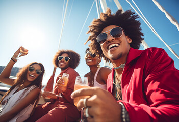 Group of mix race young people having a party on the luxury yacht