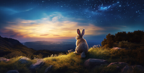 a bunny with bright blue eyes sitting on a hill - Powered by Adobe