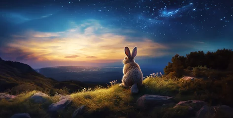 Fotobehang a bunny with bright blue eyes sitting on a hill © Asif Ali 217