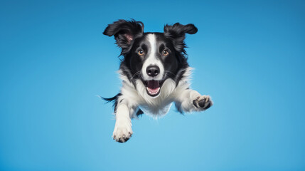 
border collie dog is jumping isolated on blue cyan background