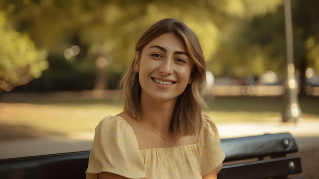 3o Years beautiful woman sitting in the park smiling 