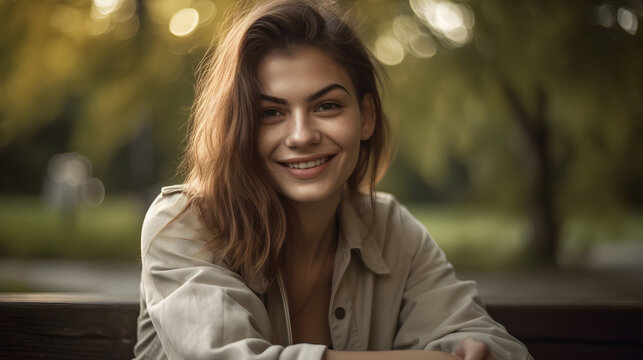 3o Years beautiful woman sitting in the park smiling 