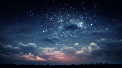 Fototapeta premium Blue dark night sky with many stars above field of trees.