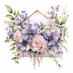 Bouquet of flowers in a paper envelope on a white background. Watercolor illustration - obrazy, fototapety, plakaty