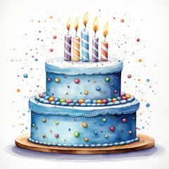 Birthday cake with candles on a white background . Watercolor illustration