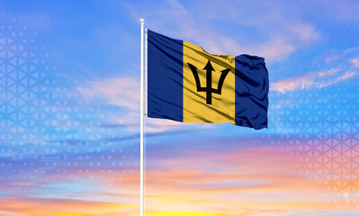 Barbados national flag waving in beautiful sky..
