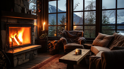 Modern wooden cottage alpine house interior latest autumn - obrazy, fototapety, plakaty