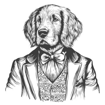 Dog Wearing a Suit. gentleman spaniel dog wearing clothes sketch style. Victorian Era, Hand drawn dog, vector illustration in vintage engraving pen and ink style.