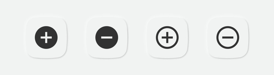 Plus, minus in the circle icon. Add, delete symbol. Addition signs. Medical and emergency symbols. Positive, negative button icons. Vector isolated sign. - obrazy, fototapety, plakaty