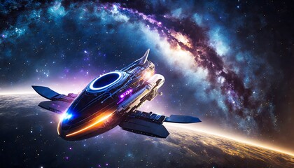 Obraz premium A powerful spaceship with neon details traveling through deep dark space. A huge black hole is seen in the background. milky way galaxy; long exposure
