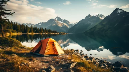 Selbstklebende Fototapeten Tourist tent in forest camp © alexkich