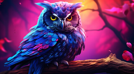 A colorful owl is sitting on a branch in the style of neon colors 