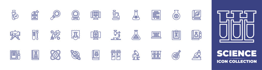 Science line icon collection. Editable stroke. Vector illustration. Containing solar system, microscope, flask, magnifying glass, bacteria, computer, dna test, test tube, astronaut, synthetic material