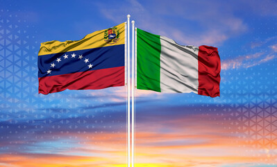 Venezuela and Italy two flags on flagpoles and blue sky
