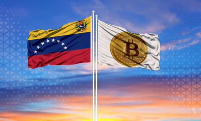Venezuela and Bitcoin two flags on flagpoles and blue cloudy sky . Diplomacy concept, international relations