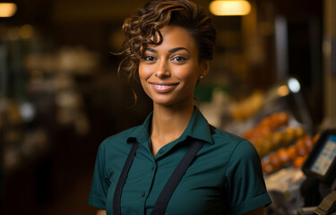Black woman, entrepreneur and portrait with cash register for management, small business or leadership. Positive, confident and proud for retail, shop and service industry with grocery store backgrou - obrazy, fototapety, plakaty