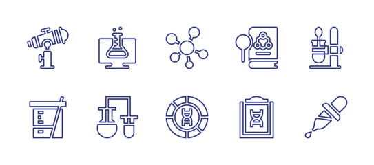 Science line icon set. Editable stroke. Vector illustration. Containing virtual lab, test tube, molecule, research, dna, report, flask, dropper, telescope, beaker.