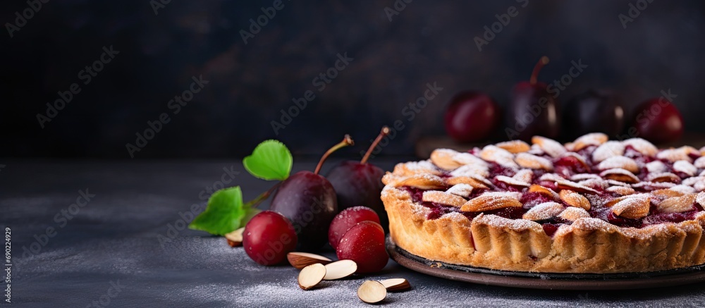Poster Plum pie on wooden board in rustic style Aesthetic composition with closed pie with dried plums on concrete background Sweet pastry fruit pie with plum and nuts. Website header. Creative Banner