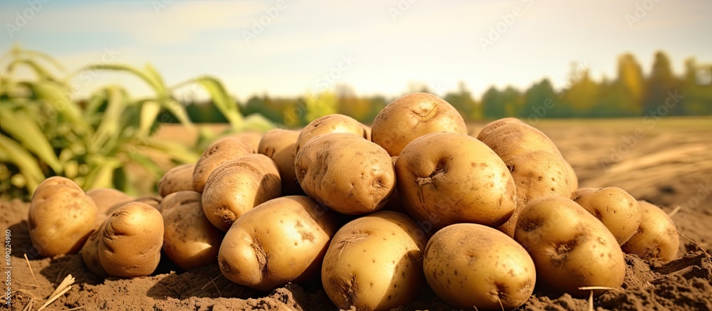 Poster fresh potato in the busket fresh organic potatoes in the field harvesting potatoes from soil selecti