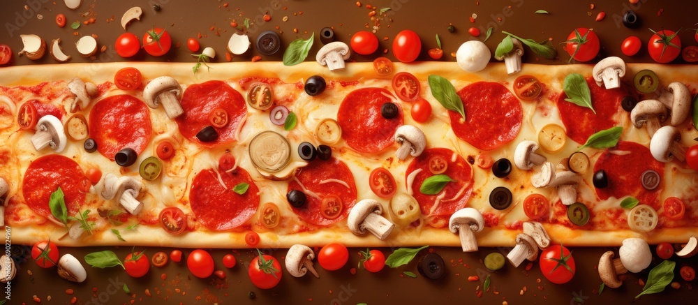 Poster pizza made with salami mozzarella mushrooms olives and tomato sauce. website header. creative banner