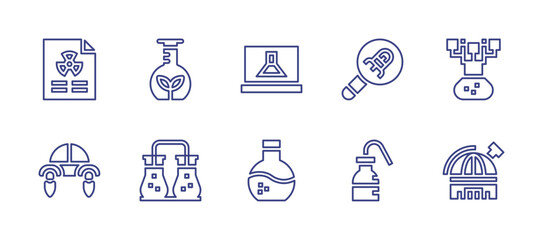 Science line icon set. Editable stroke. Vector illustration. Containing gmo, chemical, laptop, research, flask, observatory, file, nanotechnology, flying car, wash bottle.