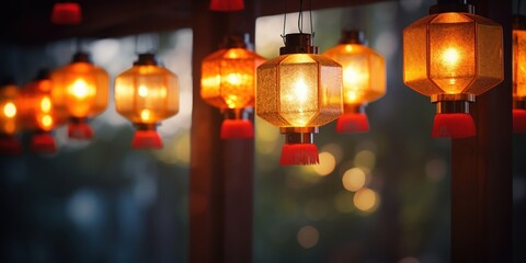 Collection of illuminated lanterns casts a warm, inviting light.