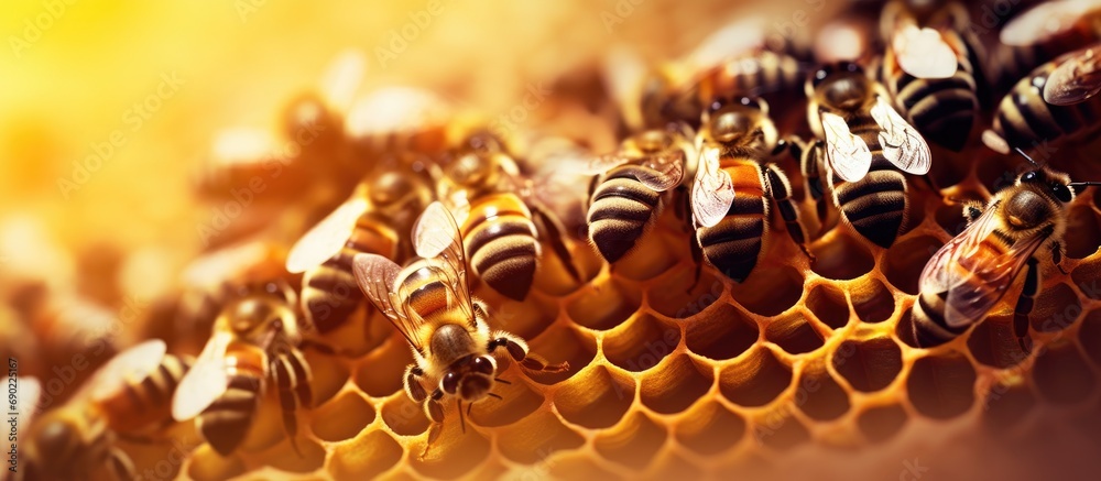 Poster Honey bee frame from a hive with collony collapse disorder Frame covered with bees. Website header. Creative Banner. Copyspace image