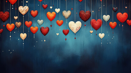 Red and white hearts on blue background. Happy Valentines Day - obrazy, fototapety, plakaty
