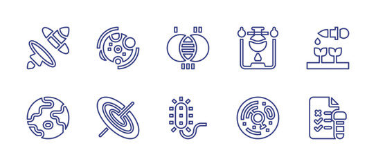Science line icon set. Editable stroke. Vector illustration. Containing metabolism, black hole, portal, earth, theory, experiment, prokaryotic, cell, sprout, virus.